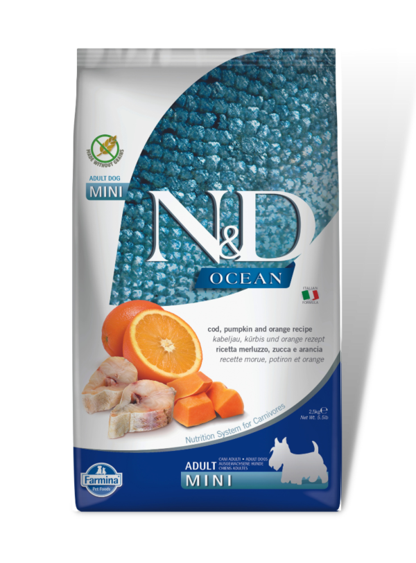 Alimento N&D Ocean de Bacalhau, Abóbora e Laranja para Cão Mini 2.5kg